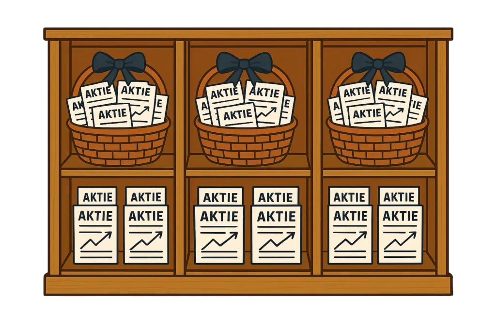 Ein überfülltes Regal mit vielen Dokumenten, die mit "Aktien" und "ETF" beschriftet sind.