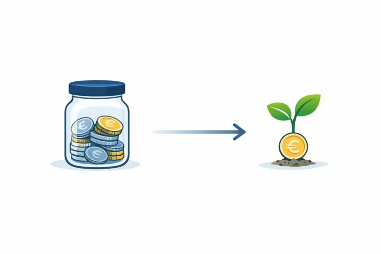 Illustration zum Vergleich von Sparen und Investieren: links ein Sparglas, rechts eine wachsende Pflanze aus einer Münze.