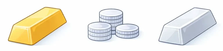 Einfache Illustration mit Goldbarren, Silbermünzen und Platinbarren nebeneinander auf weißem Hintergrund